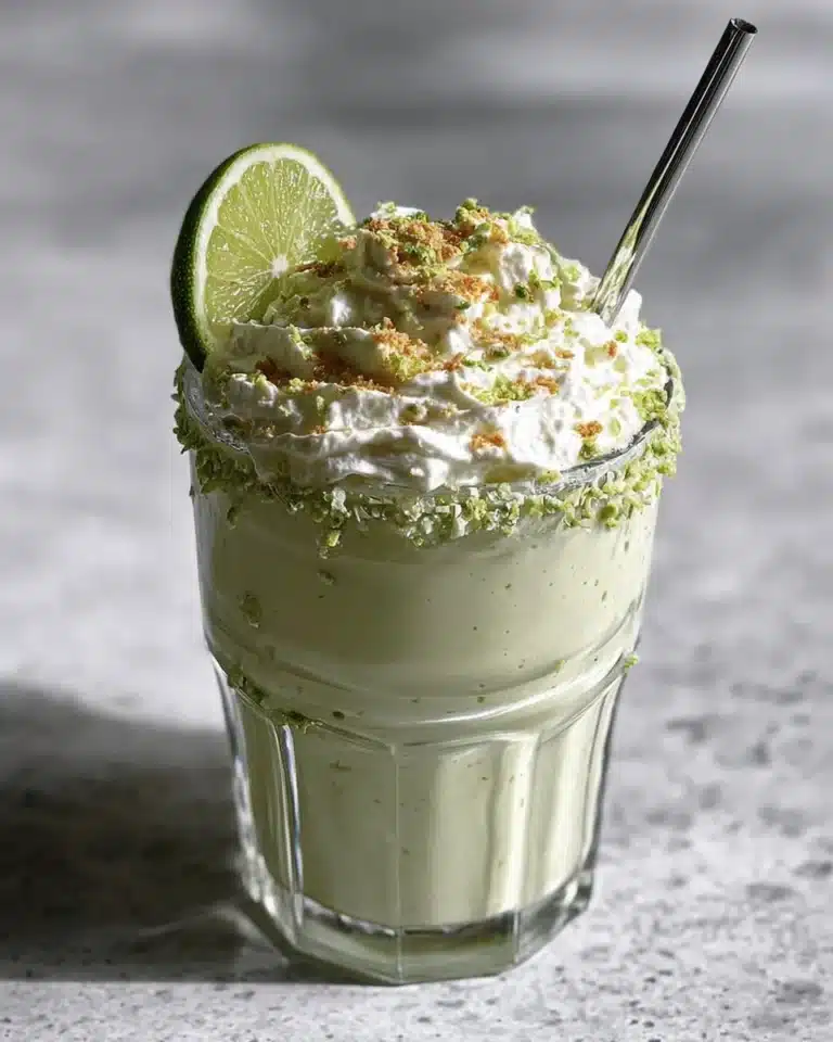 Coconut Key Lime Pie Smoothie served in a glass, garnished with lime and coconut flakes.
