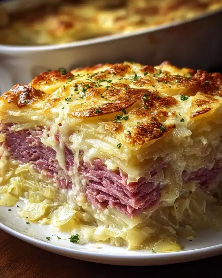 Delicious corned beef and cabbage casserole dish ready to serve