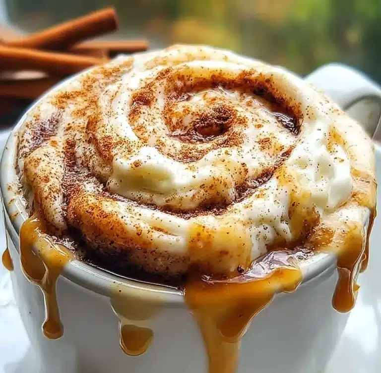 Delicious cottage cheese cinnamon roll mug cake recipe in a mug