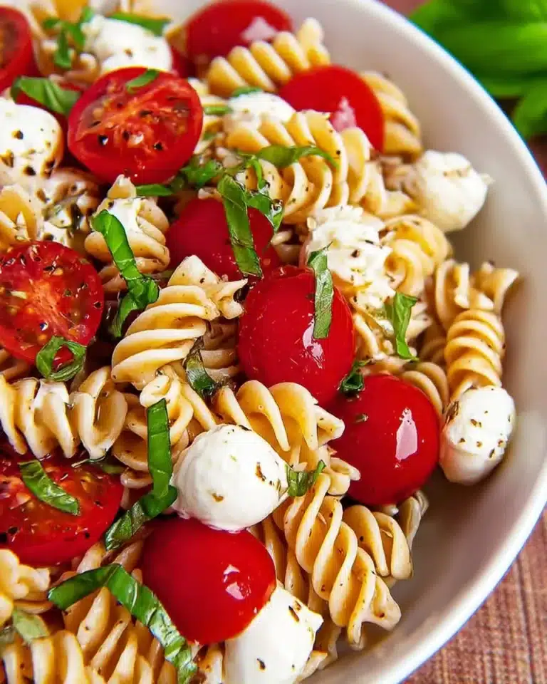 Bowl of creamy Caprese pasta salad with tomatoes, mozzarella, and basil.