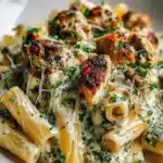 Delicious creamy pesto chicken pasta served in a bowl with fresh basil