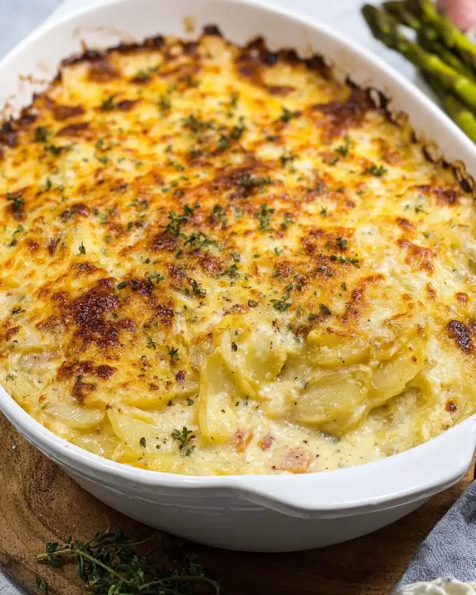 Creamy potato casserole baked to perfection, featuring layers of cheese and potatoes.