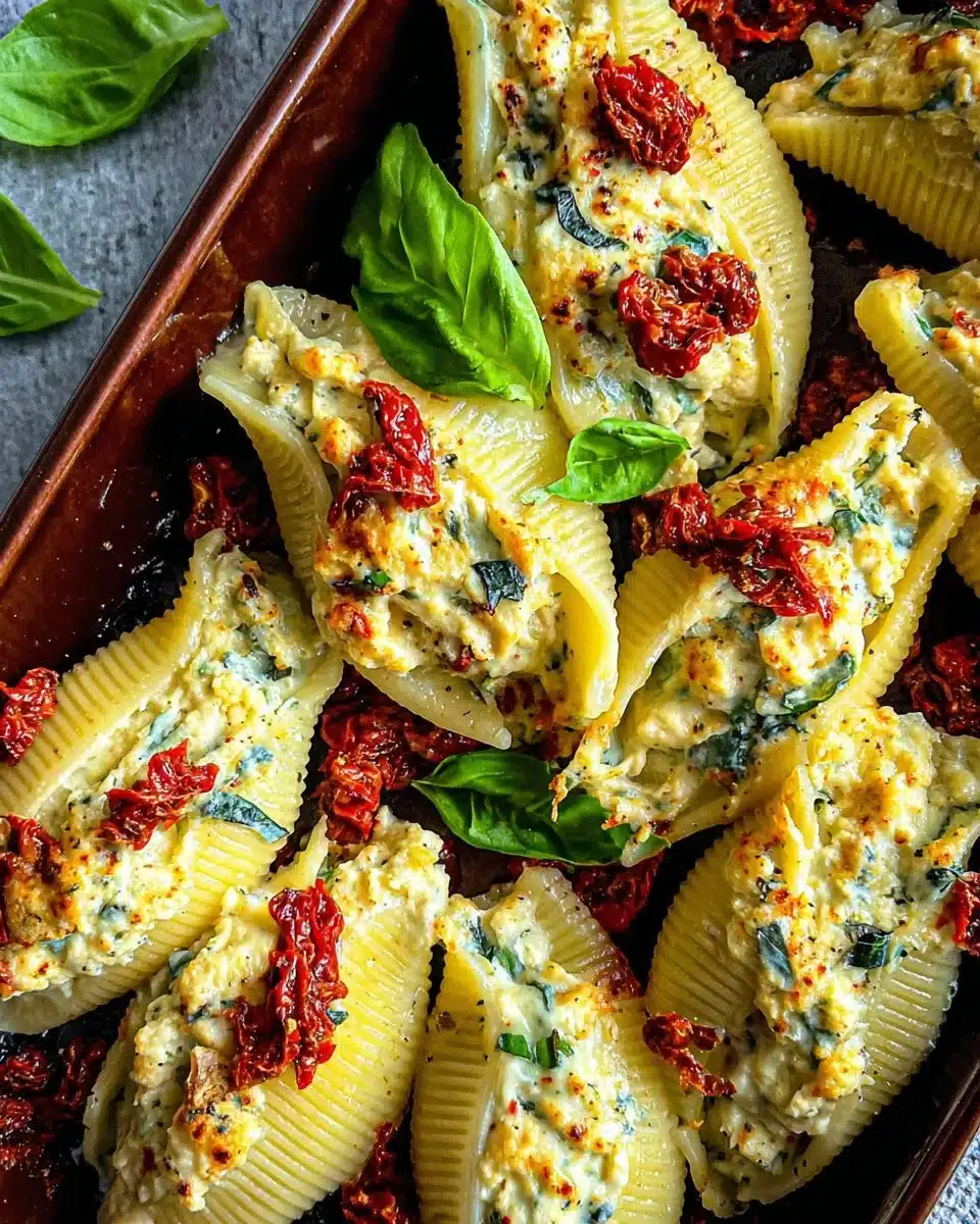 Creamy sun-dried tomato and ricotta stuffed shells on a plate