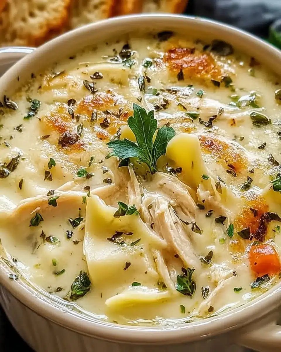 Bowl of creamy white lasagna soup with herbs and cheese
