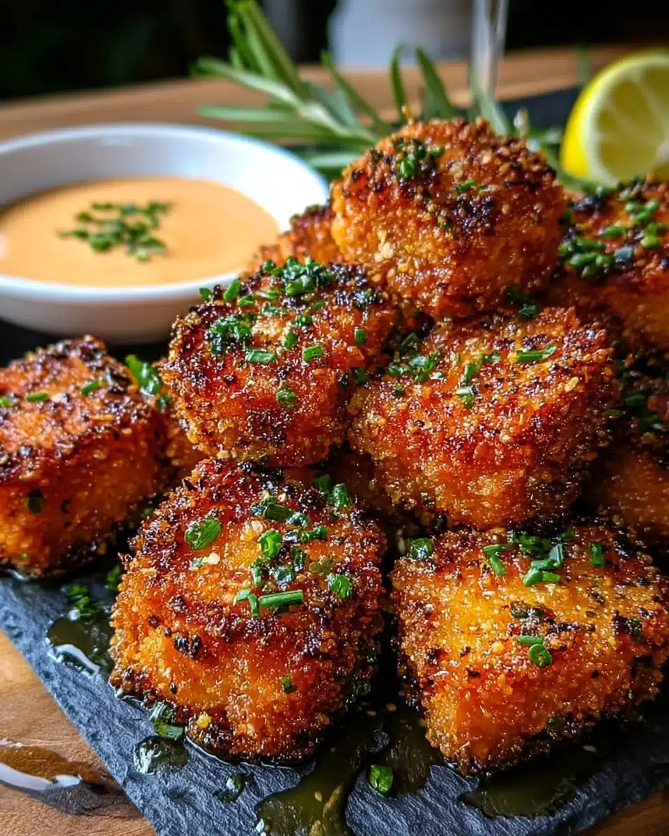 Crispy Bang Bang Salmon Bites served on a plate with dipping sauce