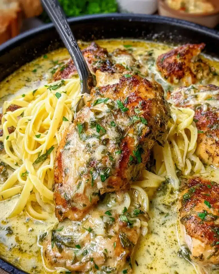 Crock Pot Angel Chicken served with creamy sauce and herbs