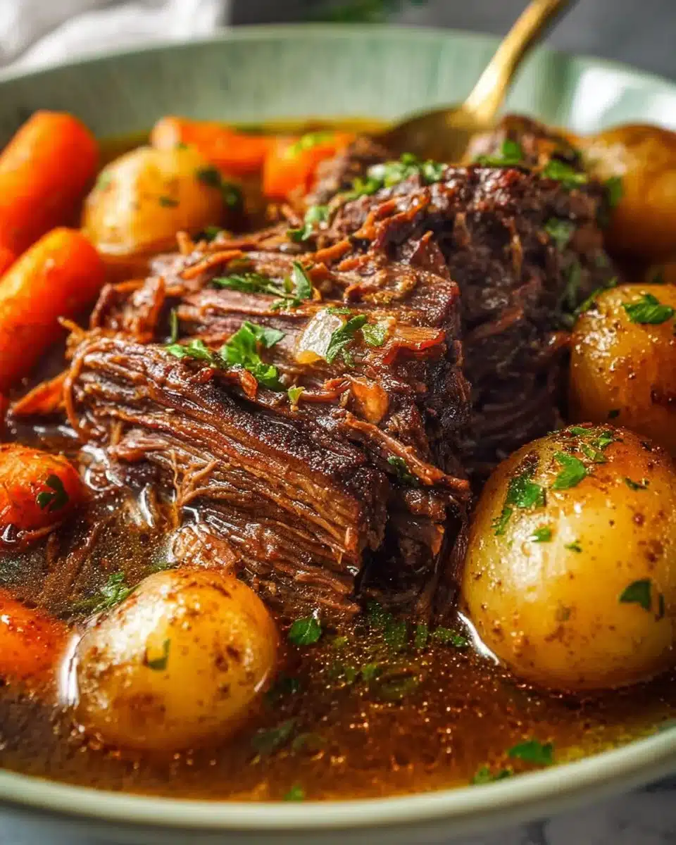 Delicious crockpot chuck roast with herbs and vegetables