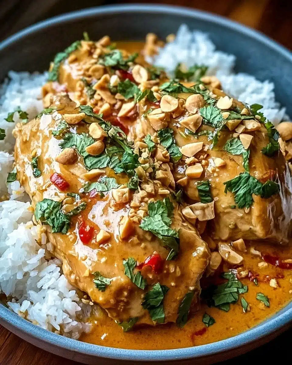 Delicious Crockpot Thai Peanut Chicken ready to serve in a bowl