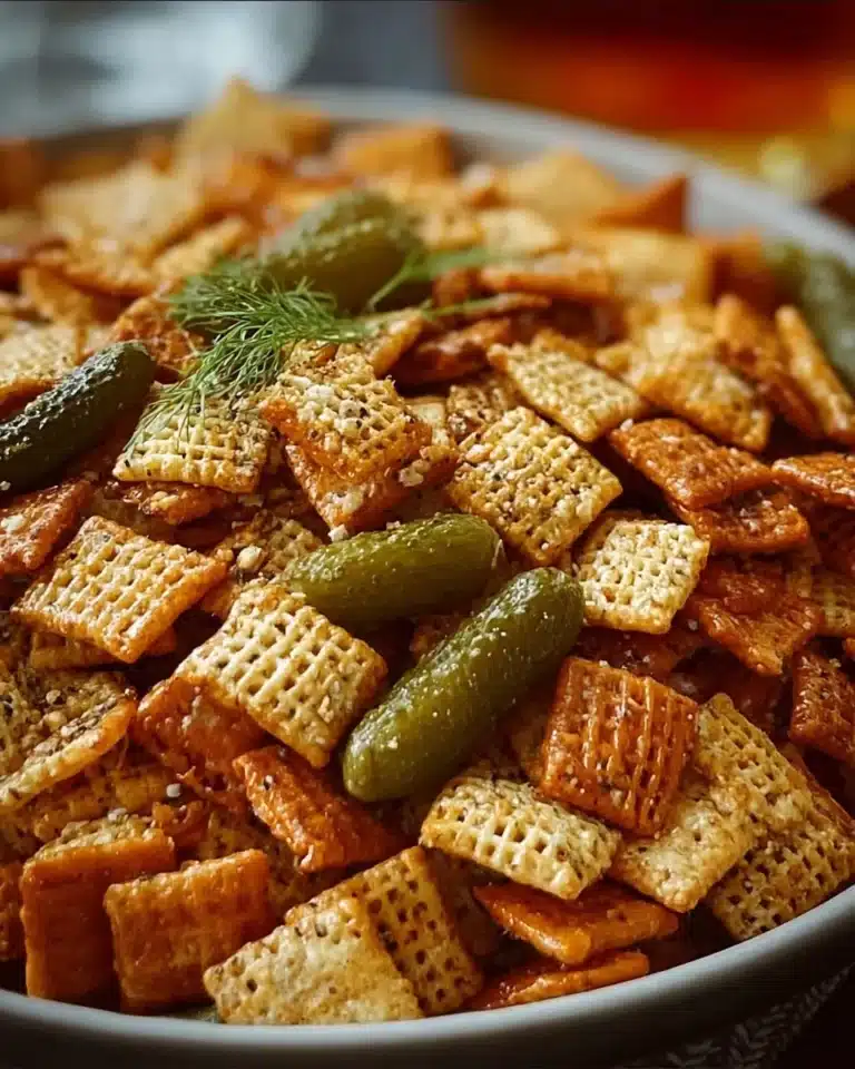 Bowl of Dill Pickle Chex Mix with crunchy snacks and dill pickle flavoring.