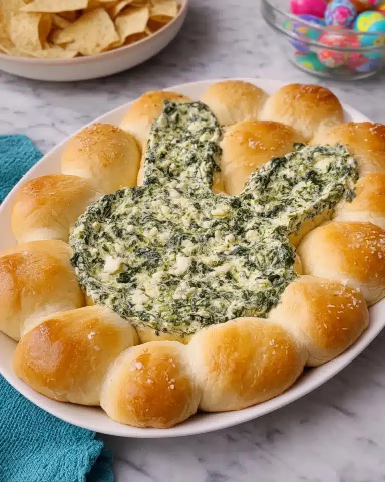 Easter Bunny Spinach Dip served in a festive bunny-shaped bowl
