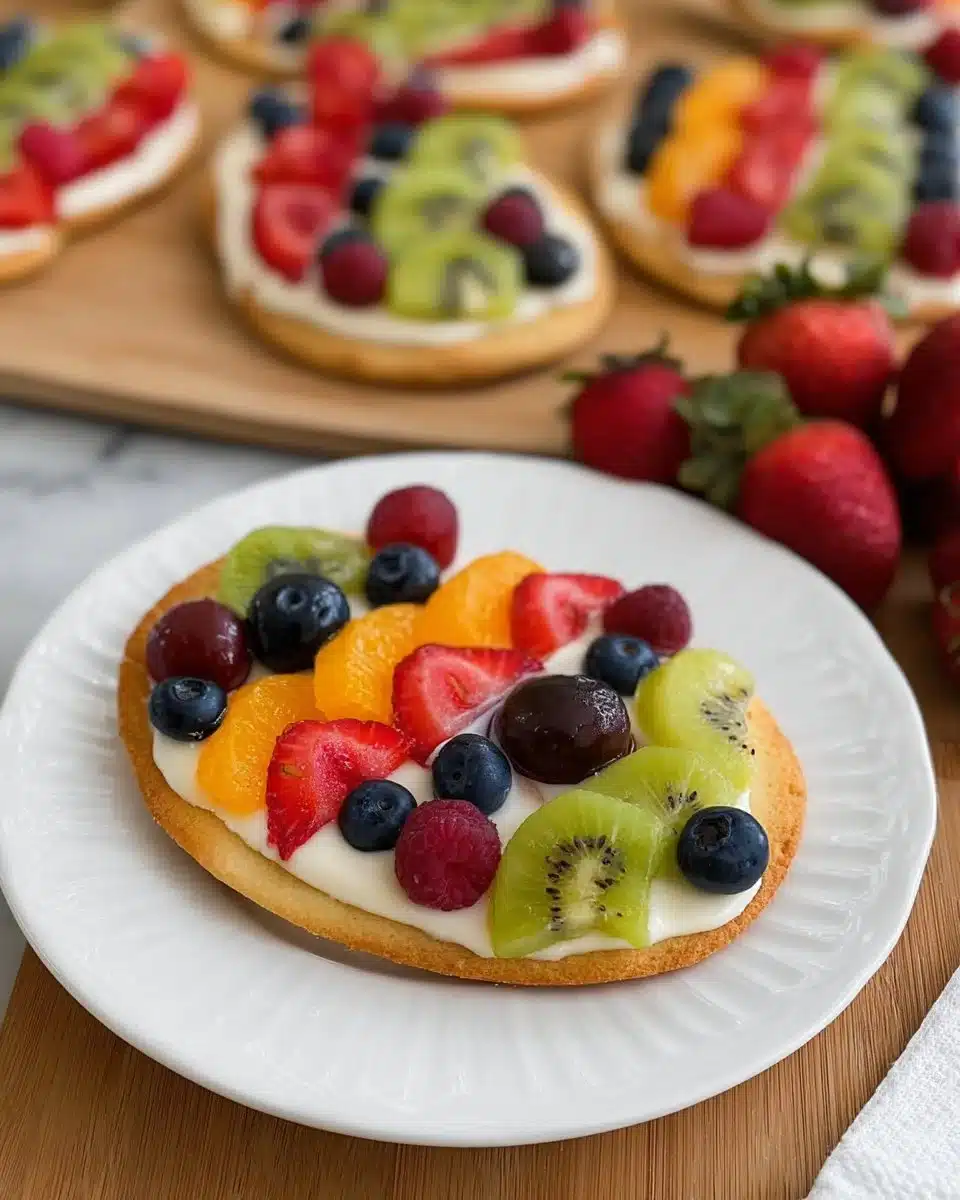 Easter Egg Fruit Pizzas decorated with colorful fruits and Easter themes