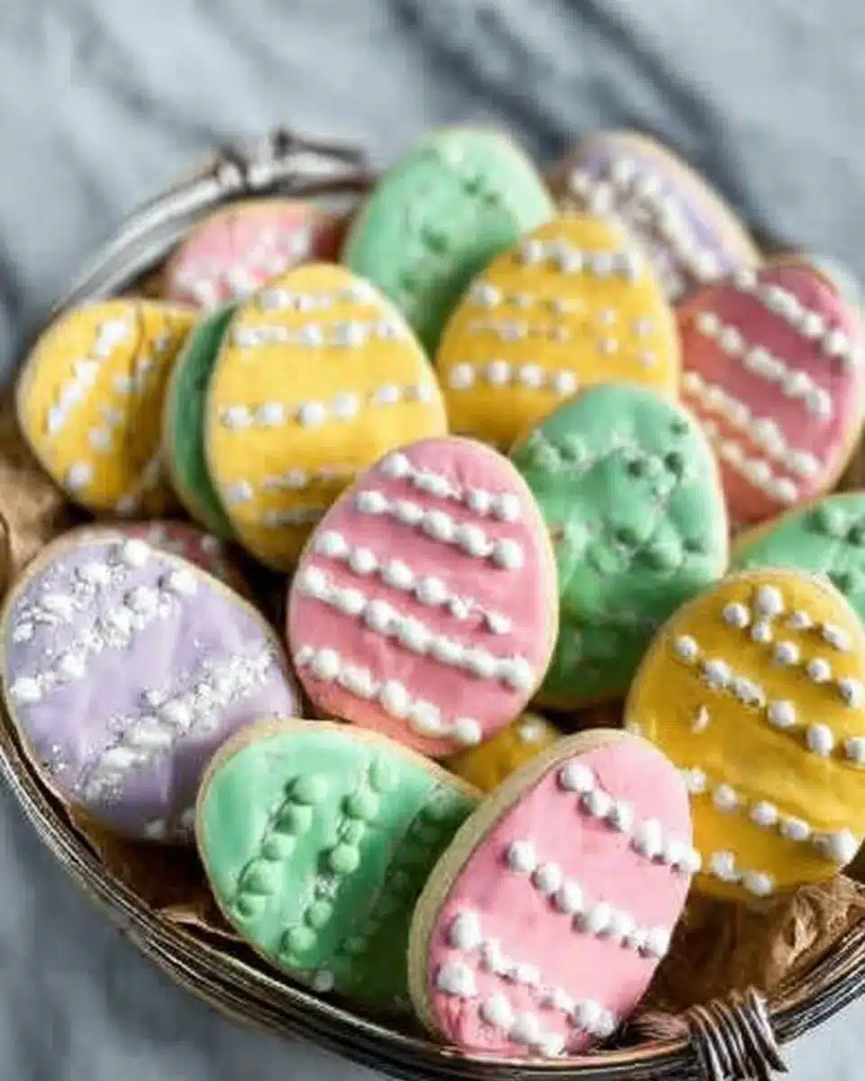 Decorated Easter Egg Sugar Cookies in pastel colors on a festive table