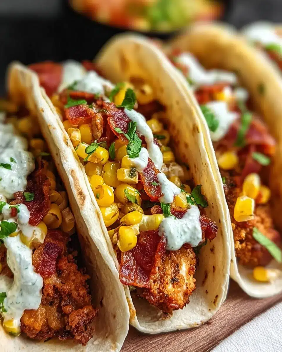 Fried chicken tacos with street corn toppings served on a plate.