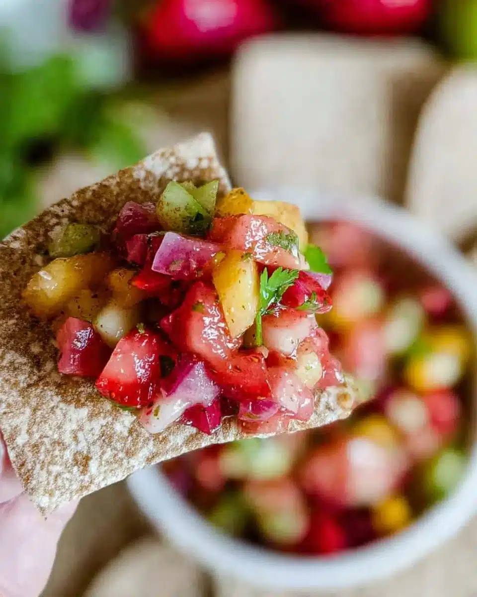 Fruit salsa served with cinnamon chips on a colorful plate
