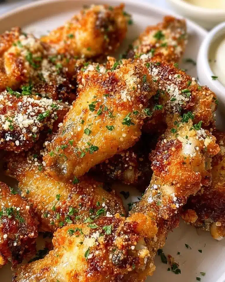 Delicious Garlic Parmesan Chicken Wings garnished with parsley