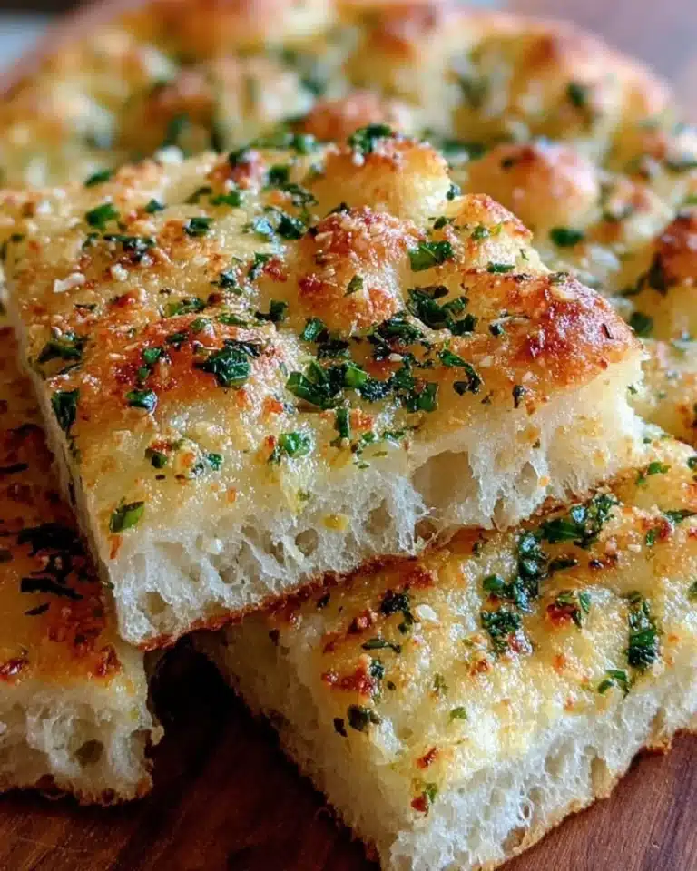 Freshly baked garlic parmesan focaccia bread on a wooden board
