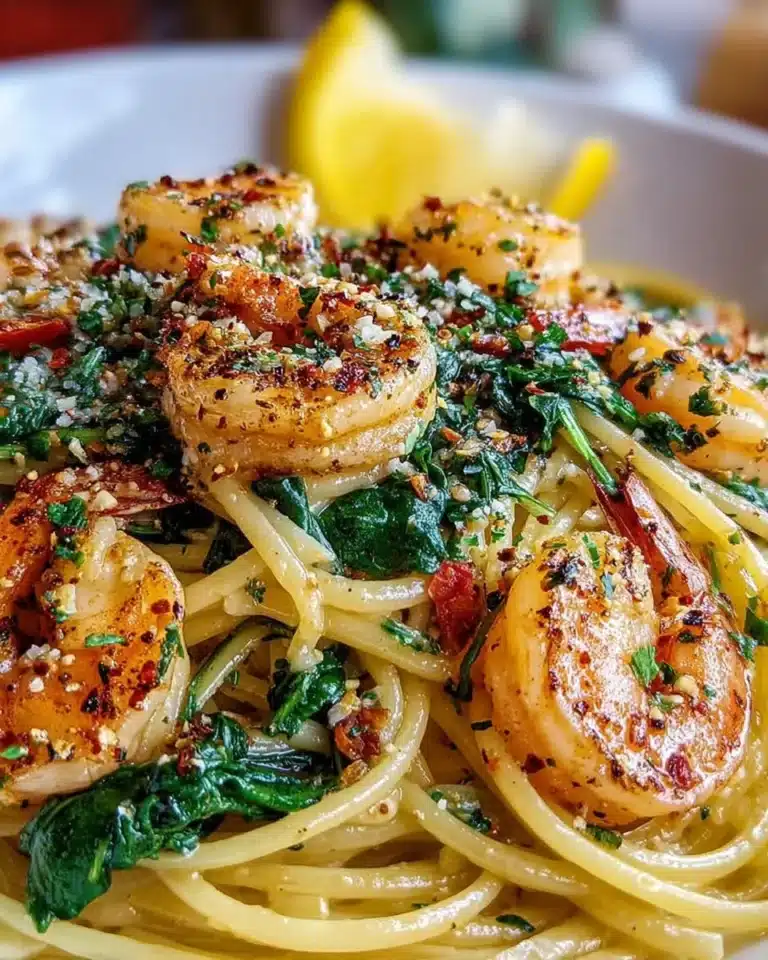 Plate of Garlic Shrimp & Spinach Linguine topped with fresh herbs