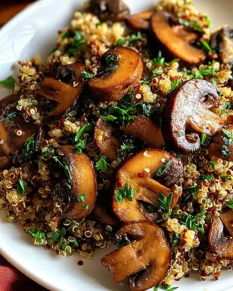 Garlicky mushroom quinoa dish served in a bowl, highlighting the tasty ingredients.