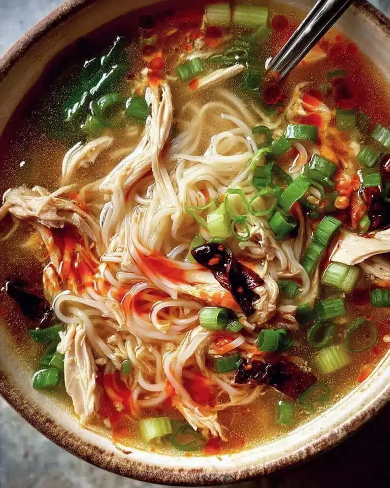 Bowl of Ginger Garlic Chicken Noodle Soup with herbs and spices.