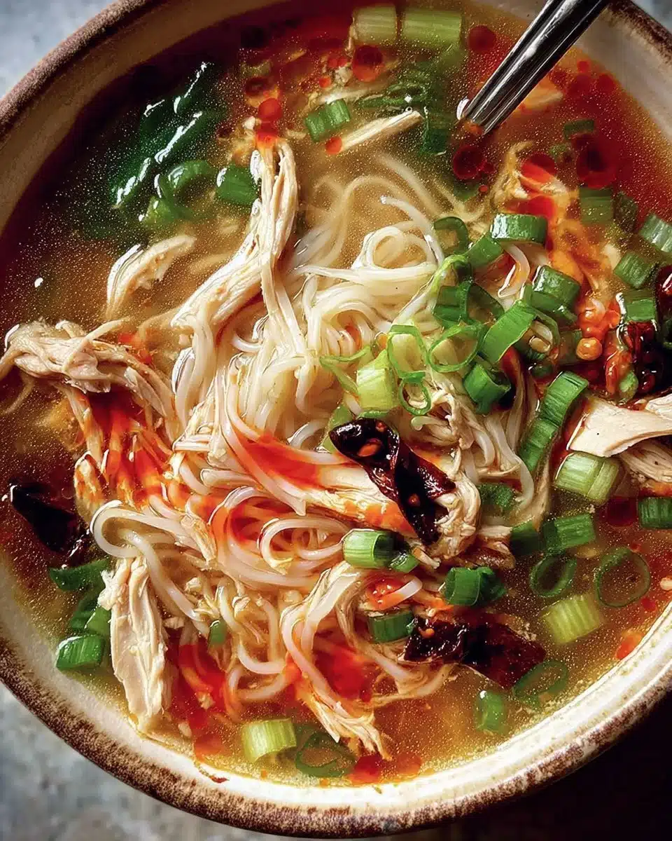 Bowl of Ginger Garlic Chicken Noodle Soup with herbs and spices.
