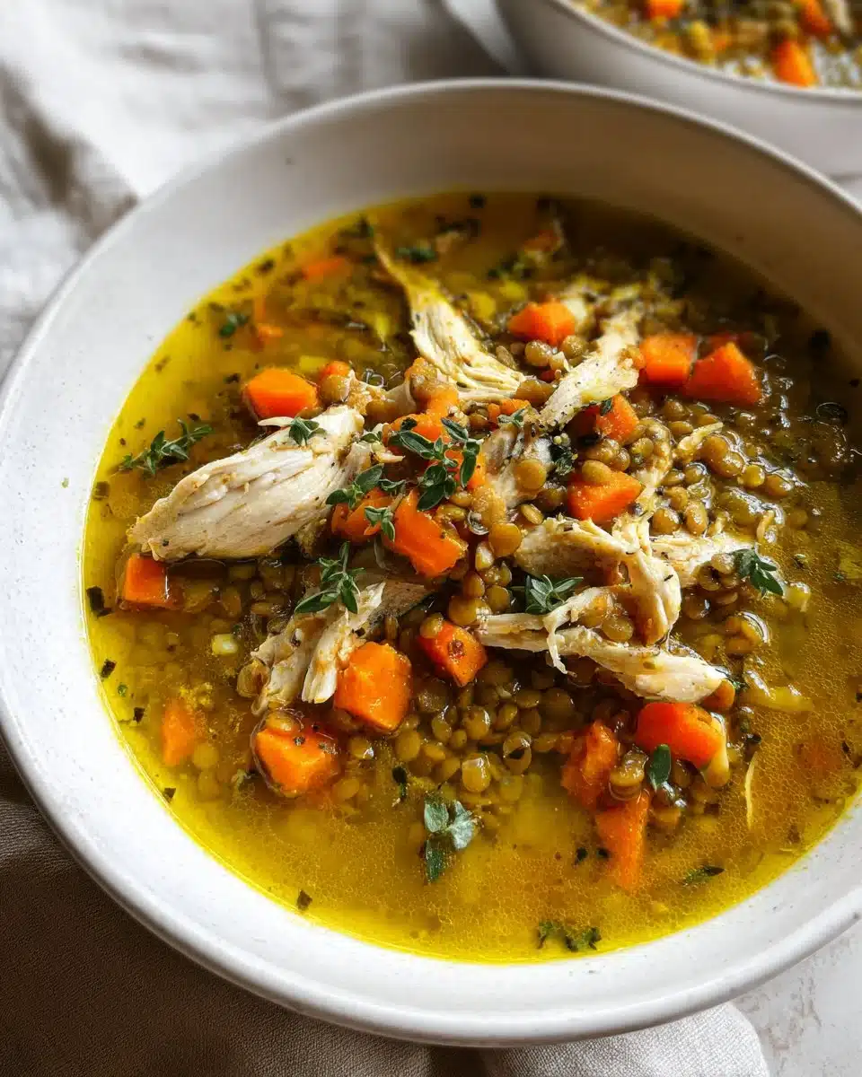 Bowl of golden chicken and lentil soup garnished with herbs and spices