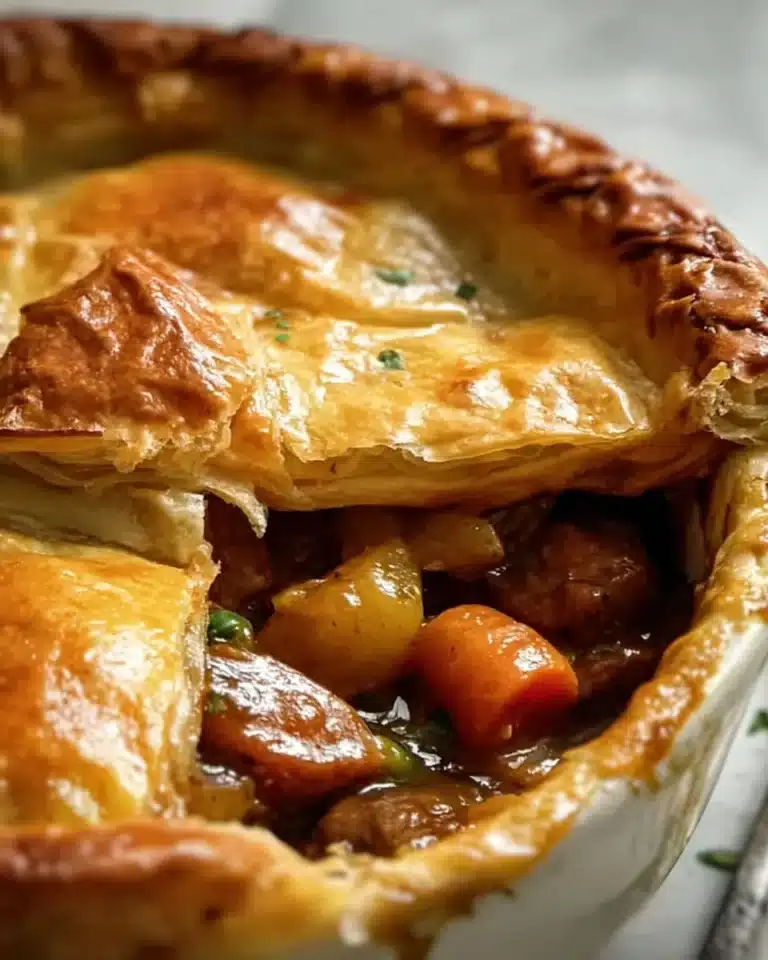 Golden Irish Stew topped with flaky Puff Pastry, savory and delicious.