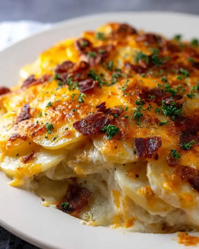 Delicious creamy gratin potatoes baked to perfection
