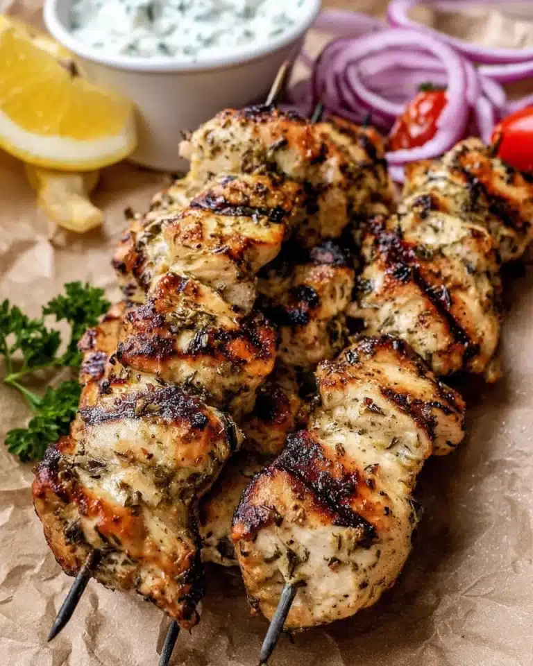 Delicious Greek Chicken Souvlaki skewers served with tzatziki sauce