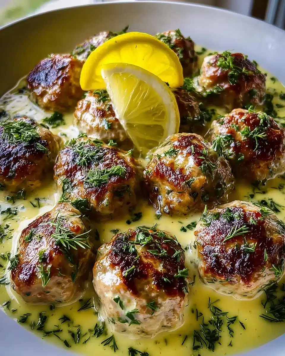 Plate of Greek meatballs in lemon sauce garnished with herbs