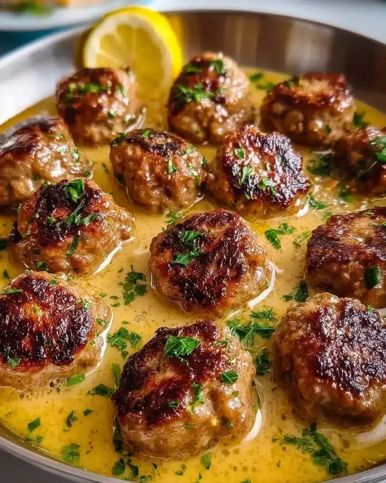 Delicious Greek meatballs served in tangy lemon sauce on a plate.