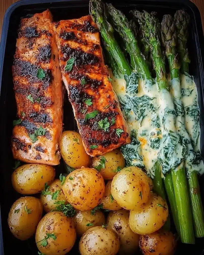 Grilled salmon served with roasted baby potatoes and asparagus on a plate.