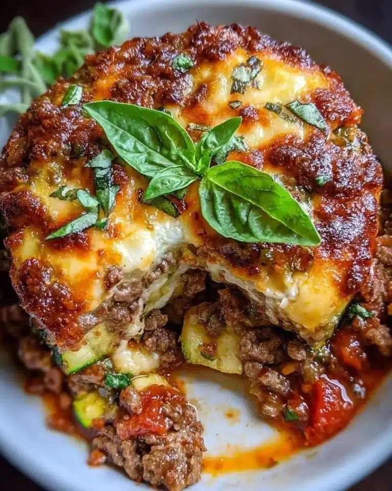 Ground beef zucchini bake in a casserole dish topped with cheese and herbs