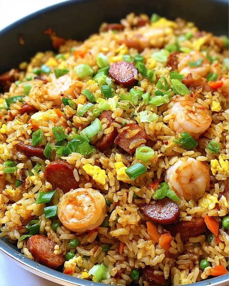 Bowl of gumbo fried rice topped with green onions and spices