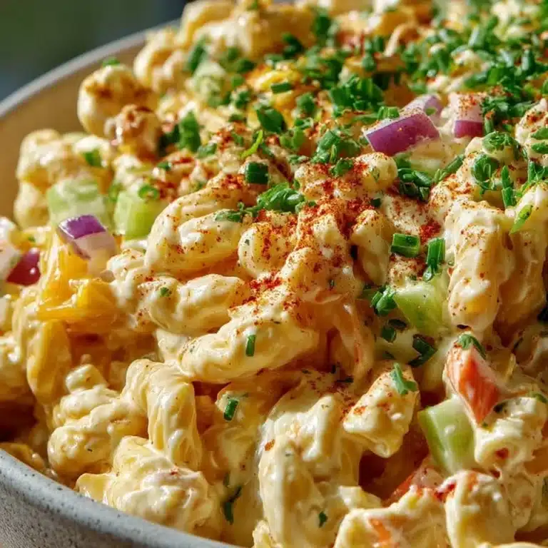 Guy Fieri-style macaroni salad served in a bowl with colorful ingredients.