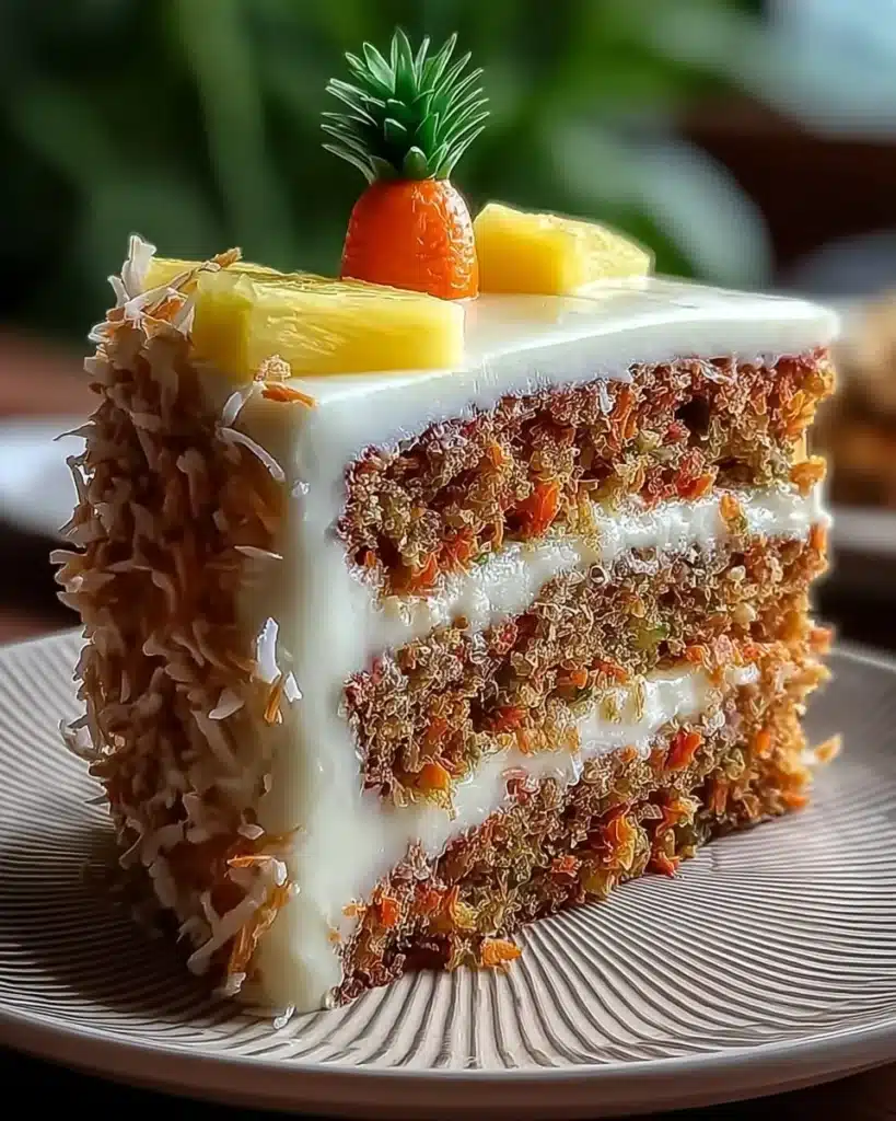 Slice of Hawaiian Carrot Pineapple Cake topped with cream cheese frosting