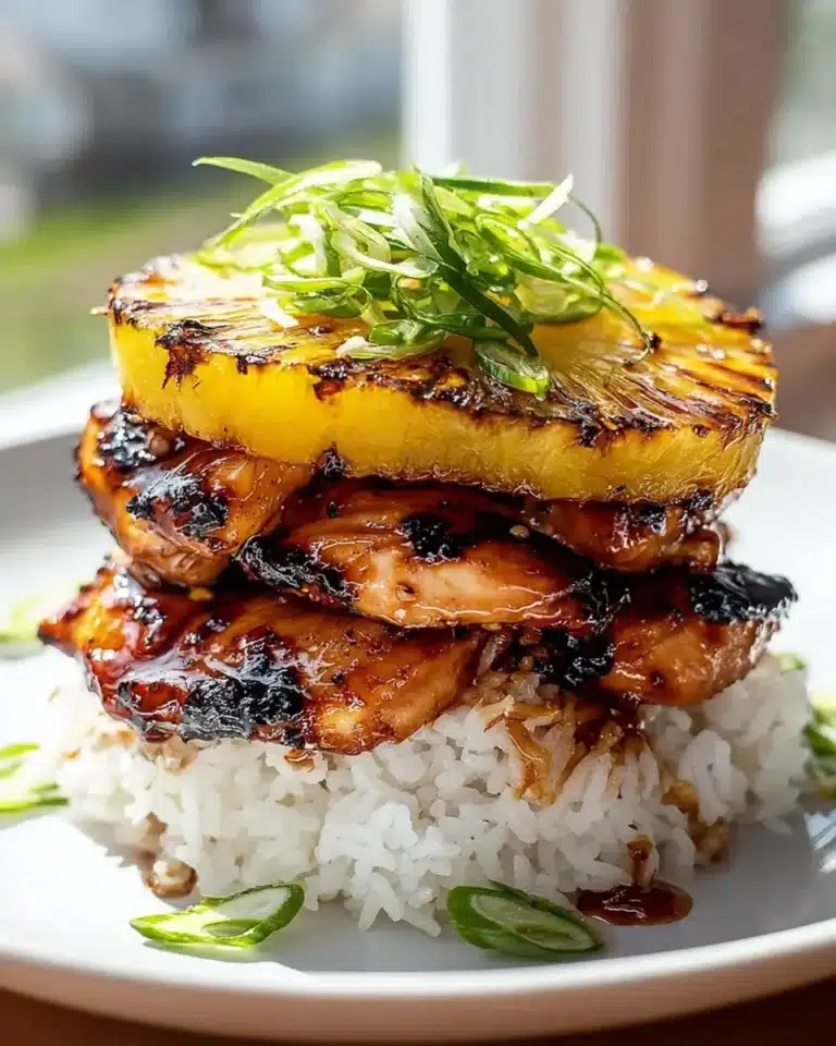 Hawaiian Huli Huli Chicken Stack with grilled chicken and vibrant toppings.