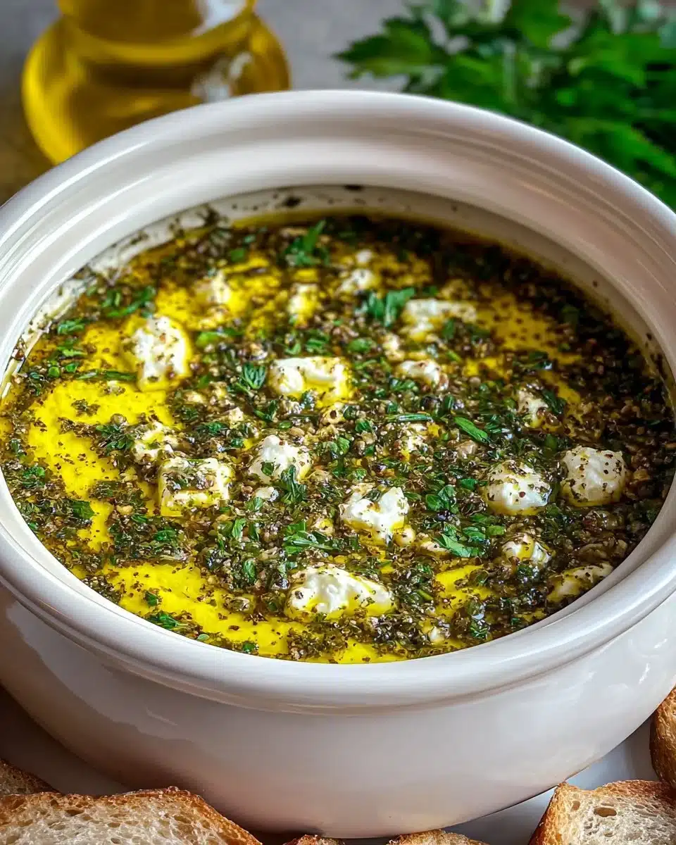 A bowl of Herb and Feta Olive Oil Dip, garnished with herbs and served with bread.