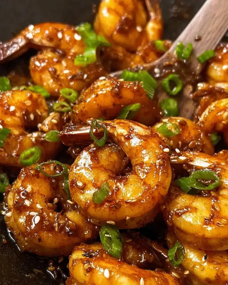 Plate of honey garlic shrimp garnished with green onions and sesame seeds
