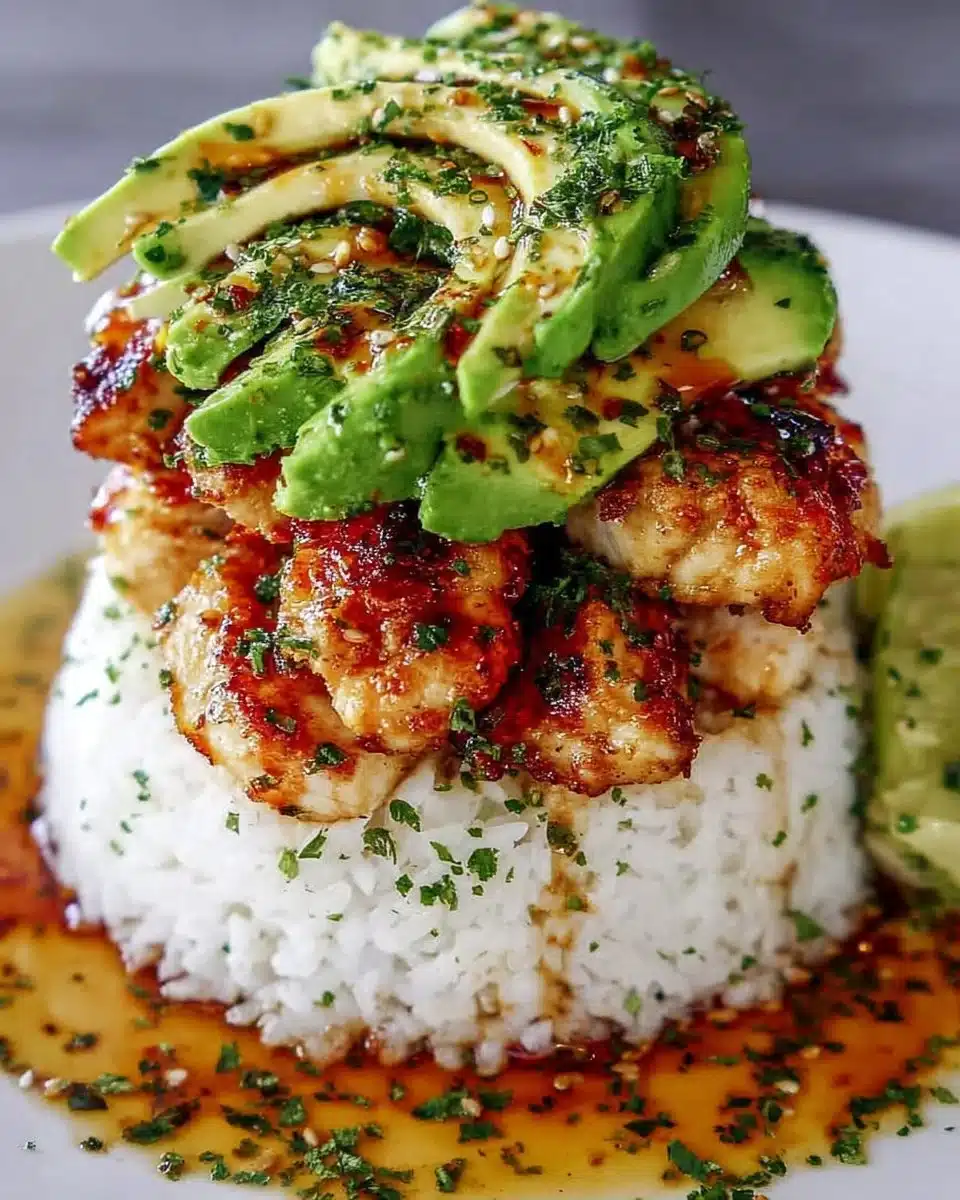 Honey Lime Chicken served on a plate with avocado rice stack