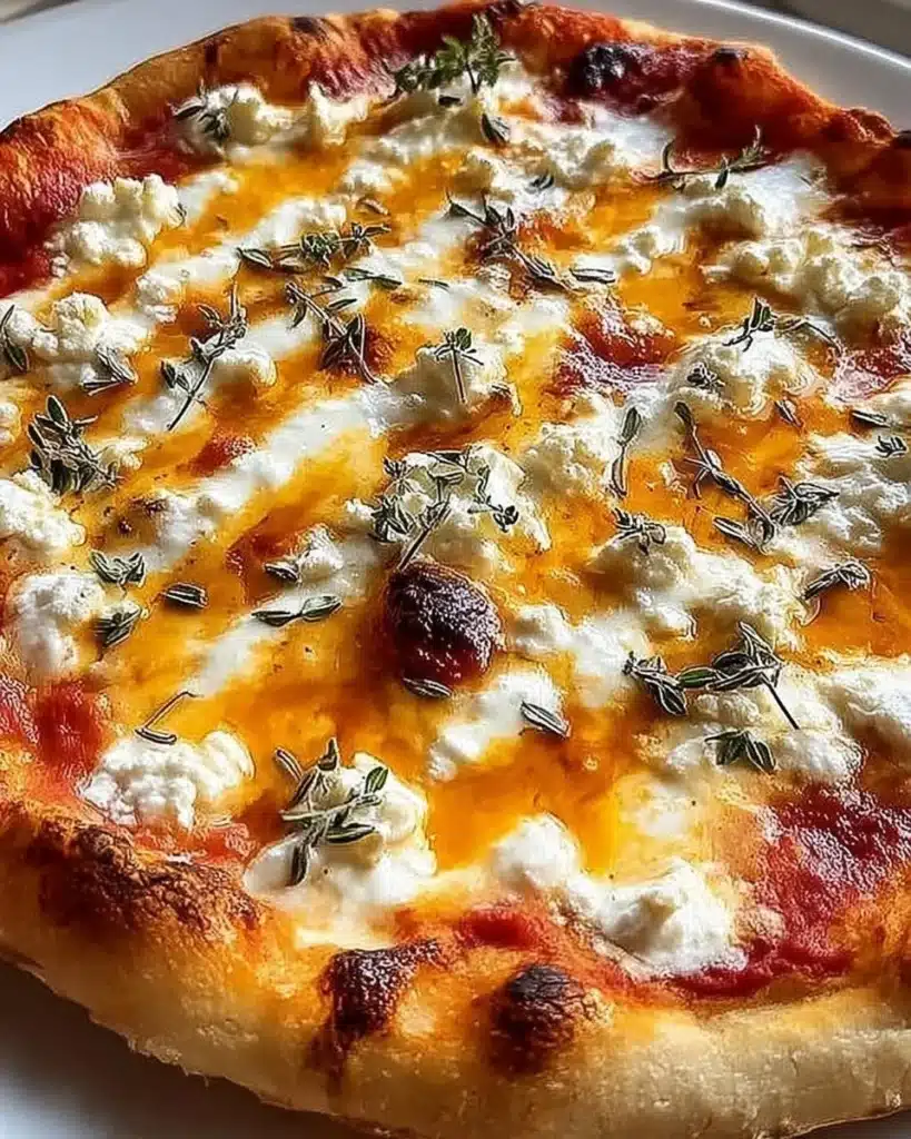 Delicious hot honey ricotta pizza topped with creamy cheese and honey drizzle