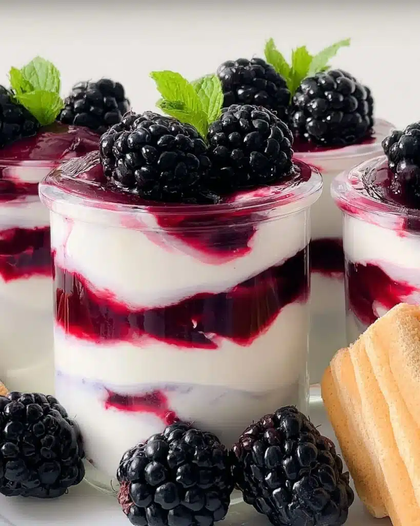 Delicious Irish Blackberry Fool dessert served in a bowl with fresh blackberries on top.
