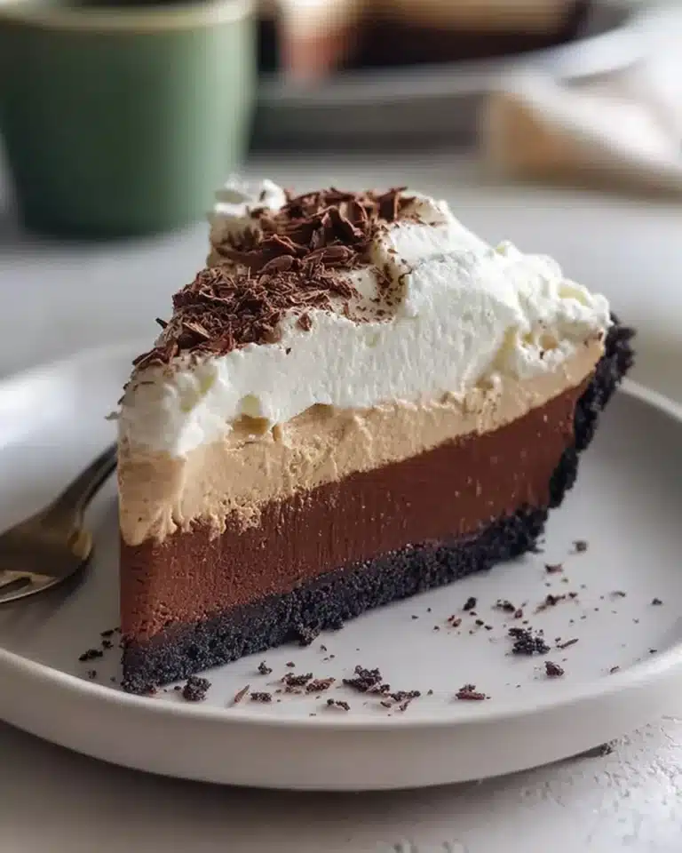 Delicious Irish Coffee Pie topped with whipped cream and chocolate shavings