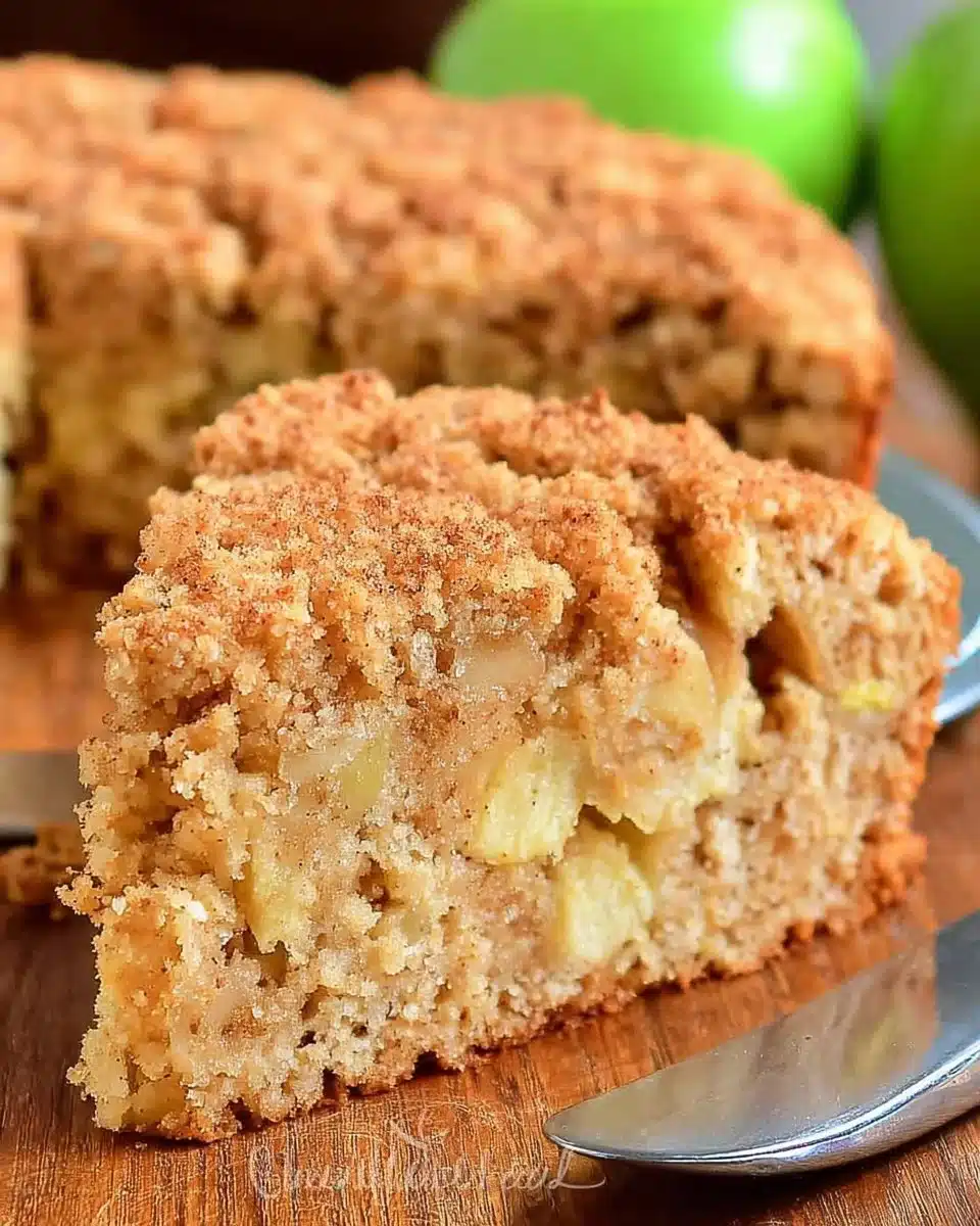 Slice of Irish Farmhouse Apple Cake with fresh apples on top
