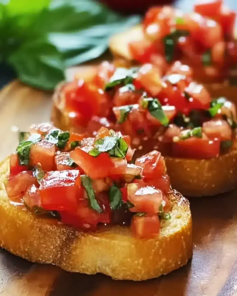 Delicious Italian bruschetta with tomatoes and basil on toasted bread