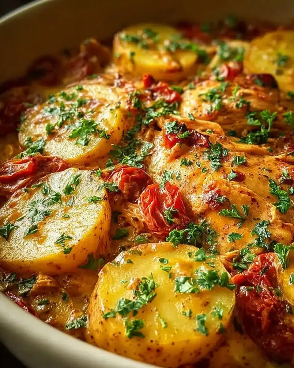Plate of Italian crockpot chicken and potatoes with herbs and spices