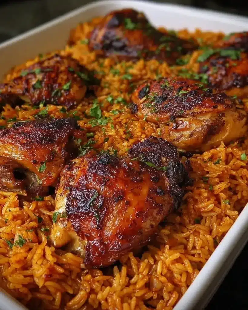 A plate of Jollof Rice served with succulent roasted chicken.