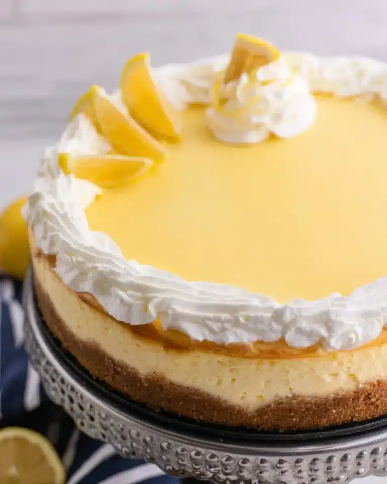Delicious homemade lemon cheesecake served on a elegant plate
