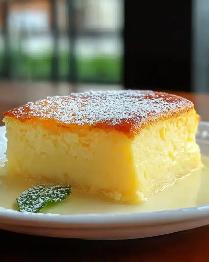 Slice of lemon custard cake with lemon zest on top