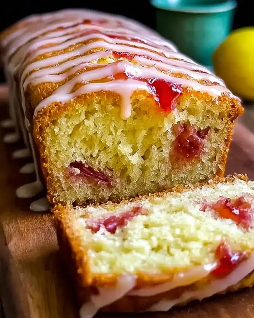 Freshly baked Lemon Rhubarb Loaf on a wooden cutting board