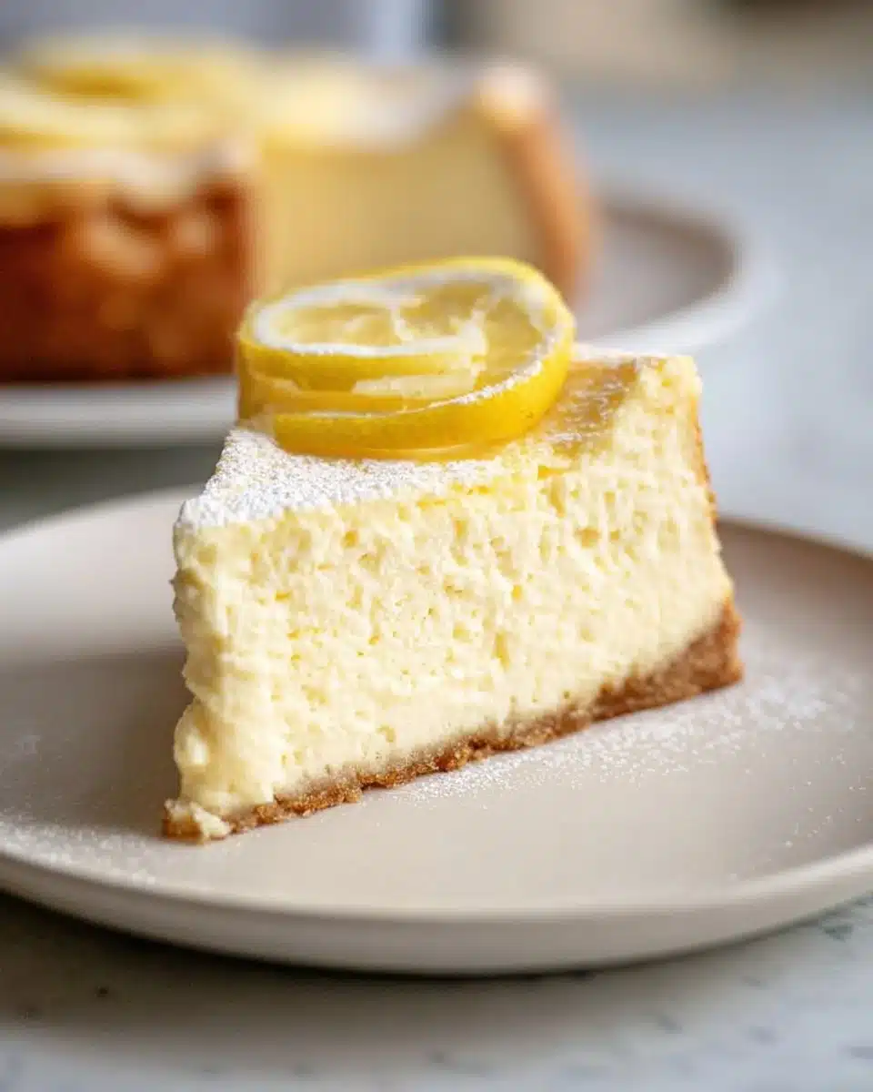 Slice of lemon ricotta cheesecake topped with lemon zest on a white plate.